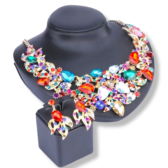 18K gold plated multi color rainbow crystal Necklace earrings set - Picture 3 of 14